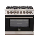 Forno 36-Inch Capriasca Dual Fuel Range with 6 Gas Burners and 240v Electric Oven in Stainless Steel with Black Door (FFSGS6187-36BLK)