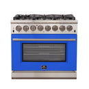 Forno 36-Inch Capriasca Dual Fuel Range with 6 Gas Burners and 240v Electric Oven in Stainless Steel with Blue Door (FFSGS6187-36BLU)