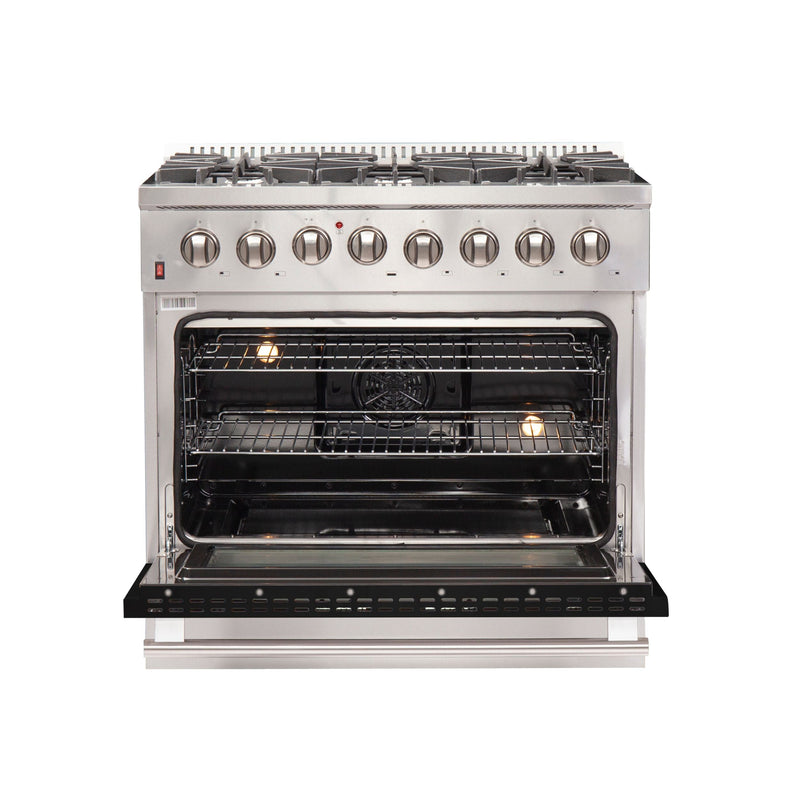 Forno 36-Inch Galiano Dual Fuel Range with 6 Gas Burners and 240v Electric Oven in Stainless Steel with Black Door (FFSGS6156-36BLK)