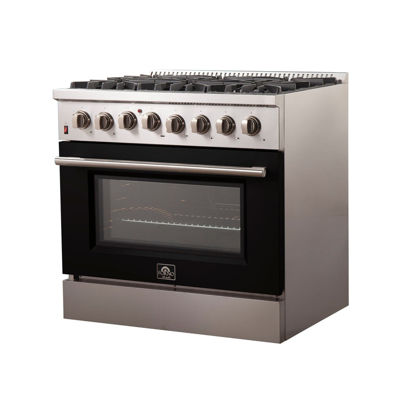Forno 36-Inch Galiano Dual Fuel Range with 6 Gas Burners and 240v Electric Oven in Stainless Steel with Black Door (FFSGS6156-36BLK)