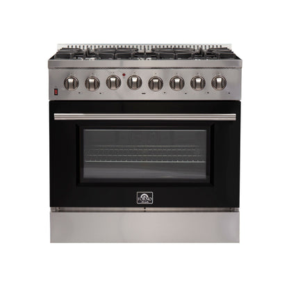 Forno 36-Inch Galiano Dual Fuel Range with 6 Gas Burners and 240v Electric Oven in Stainless Steel with Black Door (FFSGS6156-36BLK)