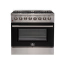 Forno 36-Inch Galiano Dual Fuel Range with 6 Gas Burners and 240v Electric Oven in Stainless Steel with Black Door (FFSGS6156-36BLK)