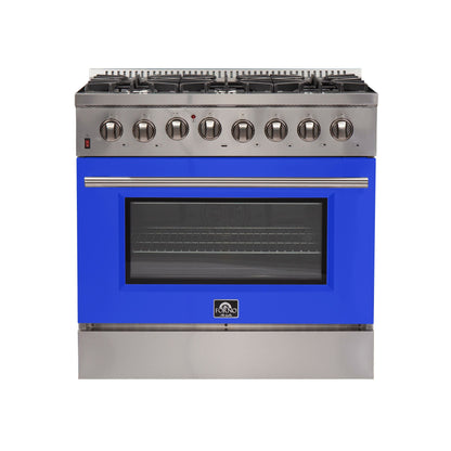 Forno 36-Inch Galiano Dual Fuel Range with 6 Gas Burners and 240v Electric Oven in Stainless Steel with Blue Door (FFSGS6156-36BLU)