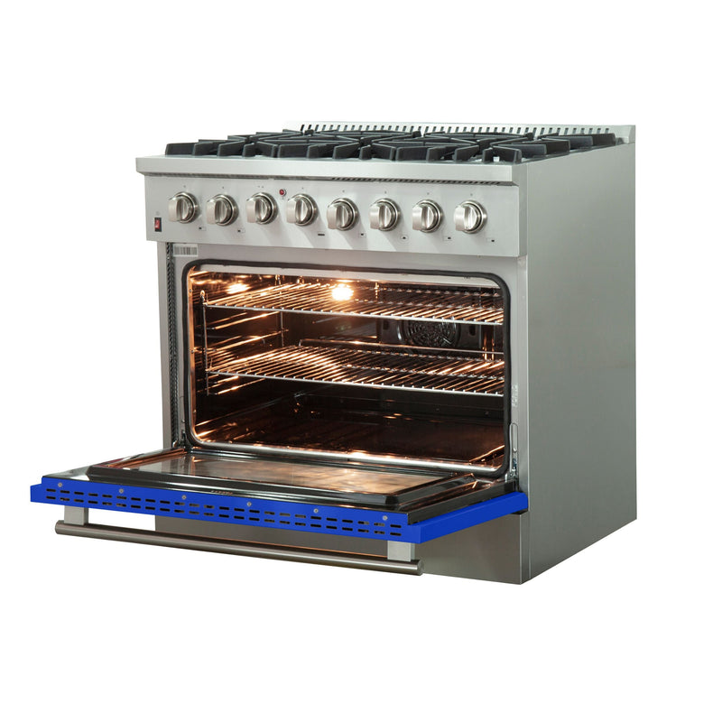 Forno 36-Inch Galiano Dual Fuel Range with 6 Gas Burners and 240v Electric Oven in Stainless Steel with Blue Door (FFSGS6156-36BLU)
