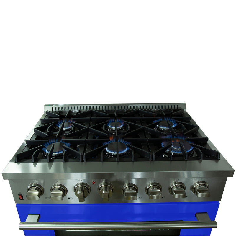 Forno 36-Inch Galiano Dual Fuel Range with 6 Gas Burners and 240v Electric Oven in Stainless Steel with Blue Door (FFSGS6156-36BLU)