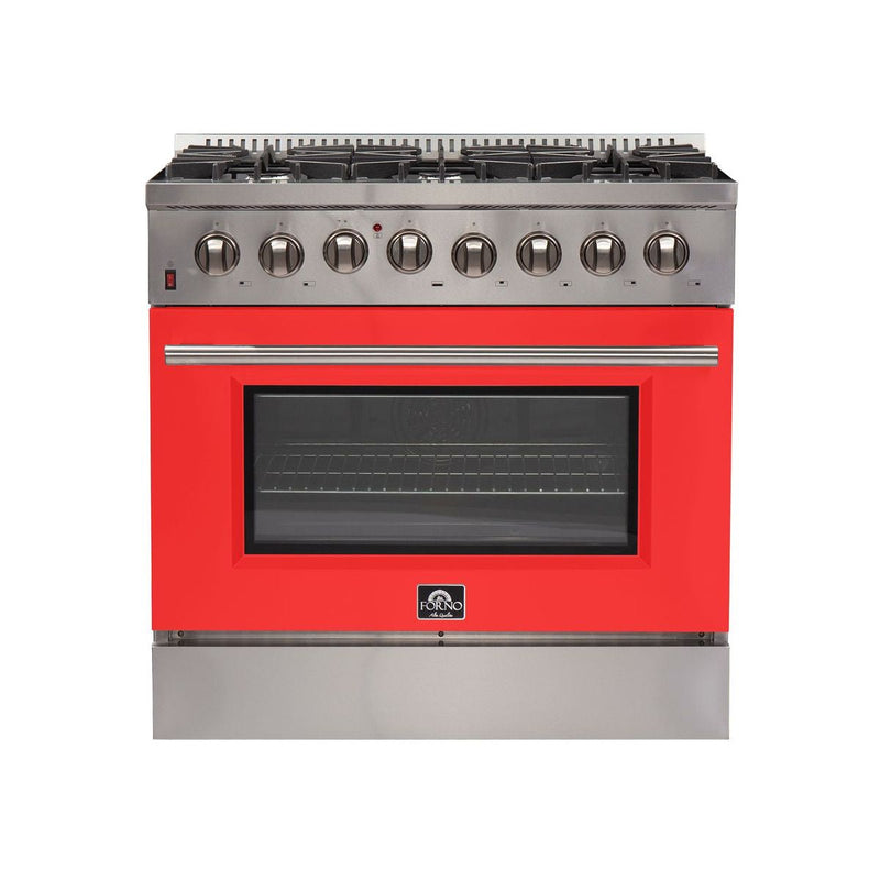 Forno 36-Inch Galiano Dual Fuel Range with 6 Gas Burners and 240v Electric Oven in Stainless Steel with Red Door (FFSGS6156-36RED)