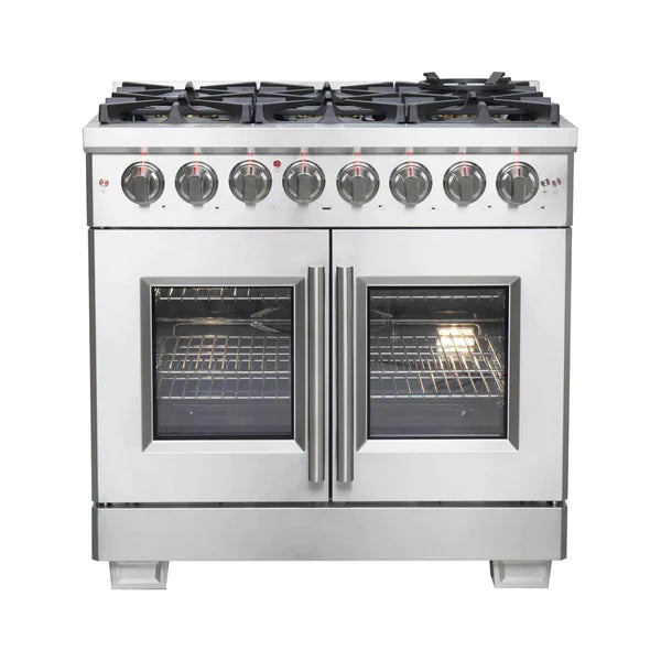 FORNO 36-Inch Capriasca Freestanding French Door Dual Fuel Range with 6 Gas Burners, 120,000 BTUs & Electric Oven in Stainless Steel - FFSGS6387-36
