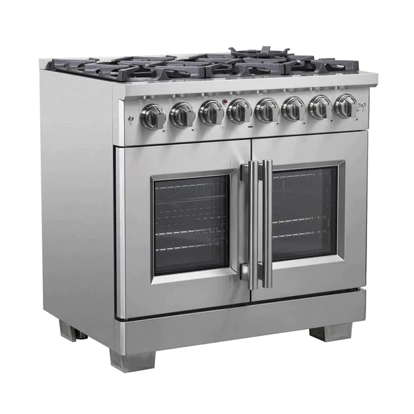 FORNO 36-Inch Capriasca Freestanding French Door Dual Fuel Range with 6 Gas Burners, 120,000 BTUs & Electric Oven in Stainless Steel - FFSGS6387-36