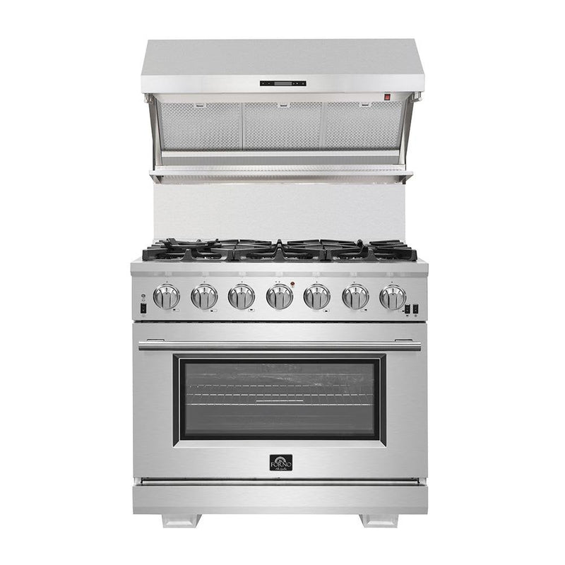 Forno 5-Piece Appliance Package - 36-Inch Electric Range, Wall Mount Range Hood with Backsplash, French Door Refrigerator, Dishwasher, and Microwave Drawer in Stainless Steel