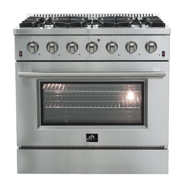 Forno 4-Piece Appliance Package - 36-Inch Gas Range, Refrigerator, Wall Mount Hood with Backsplash, & 3-Rack Dishwasher in Stainless Steel