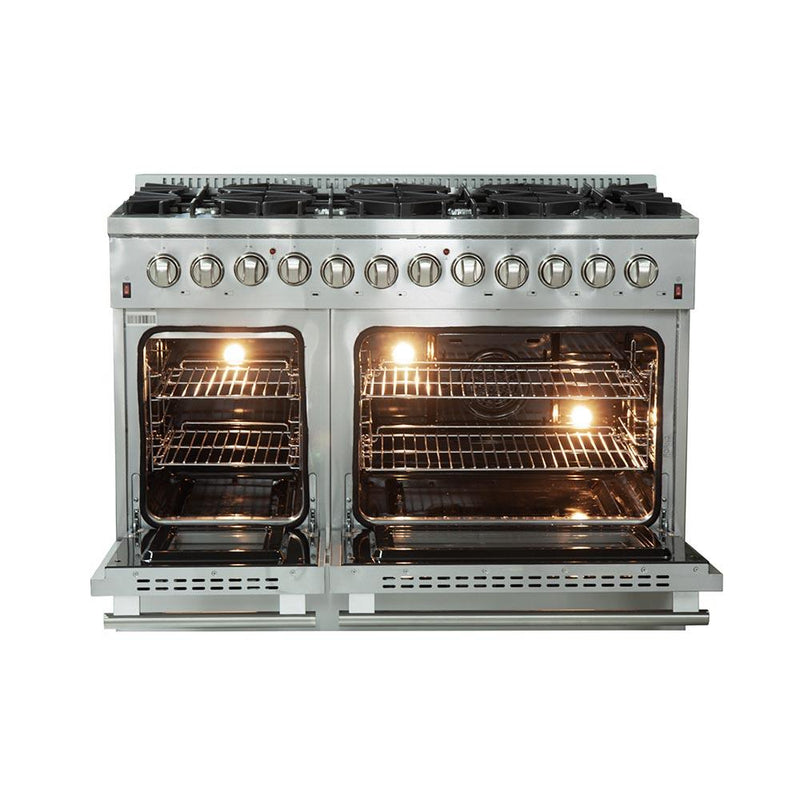 Forno 4-Piece Appliance Package - 48-Inch Dual Fuel Range, Refrigerator with Water Dispenser, Microwave Drawer, & 3-Rack Dishwasher in Stainless Steel