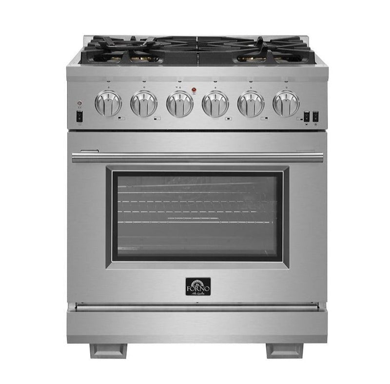 Forno 4-Piece Pro Appliance Package - 30-Inch Gas Range, Refrigerator, Microwave Drawer, & 3-Rack Dishwasher in Stainless Steel