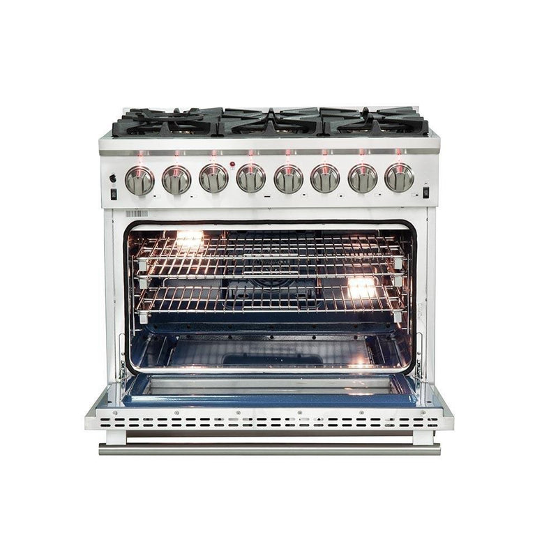 Forno 4-Piece Pro Appliance Package - 36-Inch Dual Fuel Range, Refrigerator, Microwave Oven, & 3-Rack Dishwasher in Stainless Steel