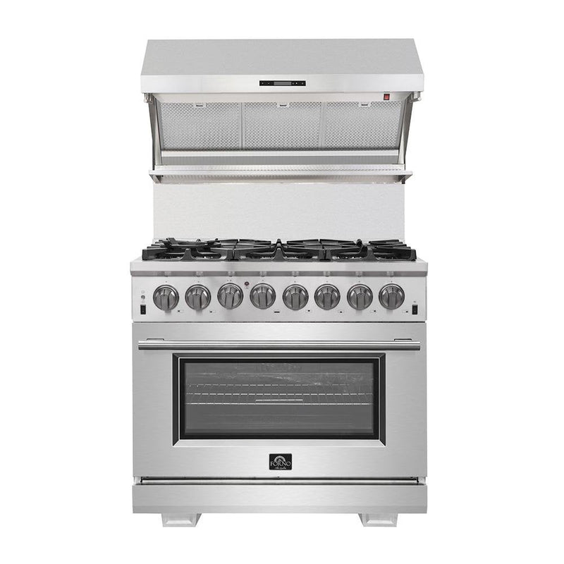 Forno 4-Piece Pro Appliance Package - 36-Inch Dual Fuel Range, French Door Refrigerator, Wall Mount Hood with Backsplash, and Dishwasher in Stainless Steel