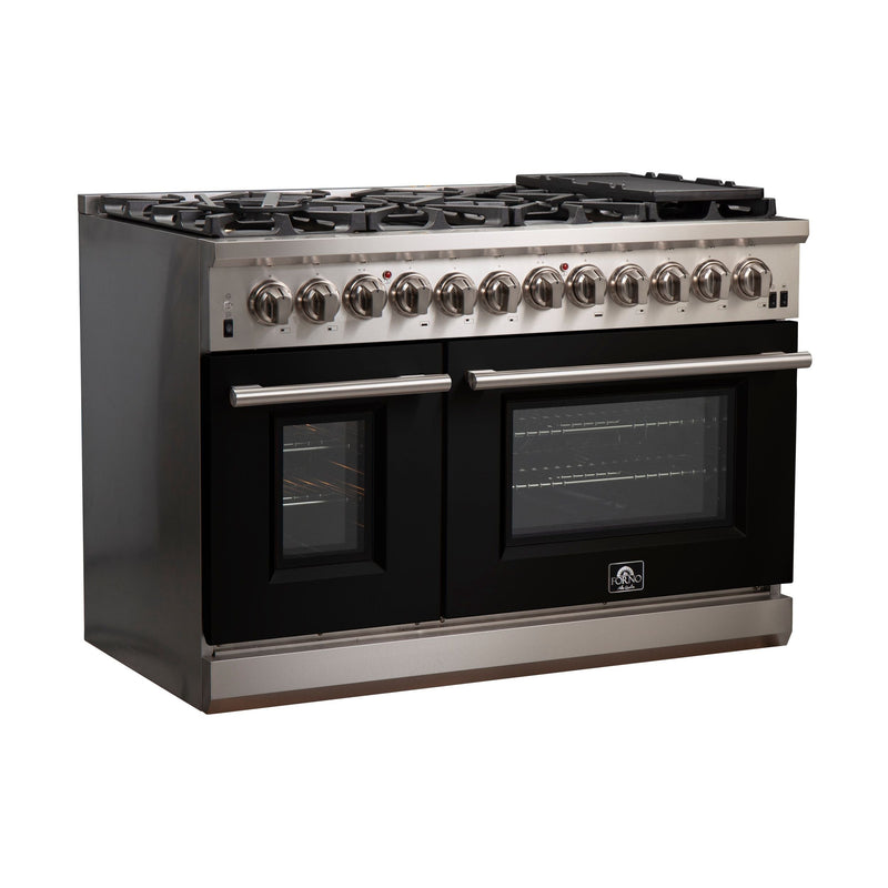 Forno 48-Inch Capriasca Dual Fuel Range with 8 Gas Burners and 240v Electric Oven in Stainless Steel with Black Door (FFSGS6187-48BLK)