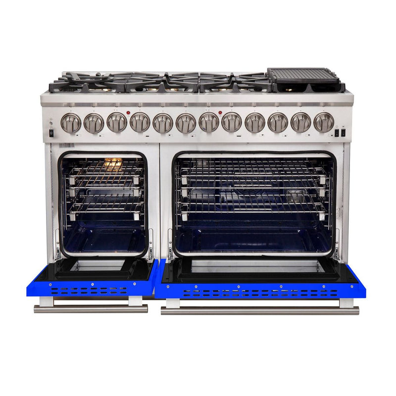 Forno 48-Inch Capriasca Dual Fuel Range with 8 Gas Burners and 240v Electric Oven in Stainless Steel with Blue Door (FFSGS6187-48BLU)