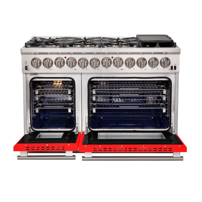 Forno 48-Inch Capriasca Dual Fuel Range with 8 Gas Burners and 240v Electric Oven in Stainless Steel with Red Door (FFSGS6187-48RED)