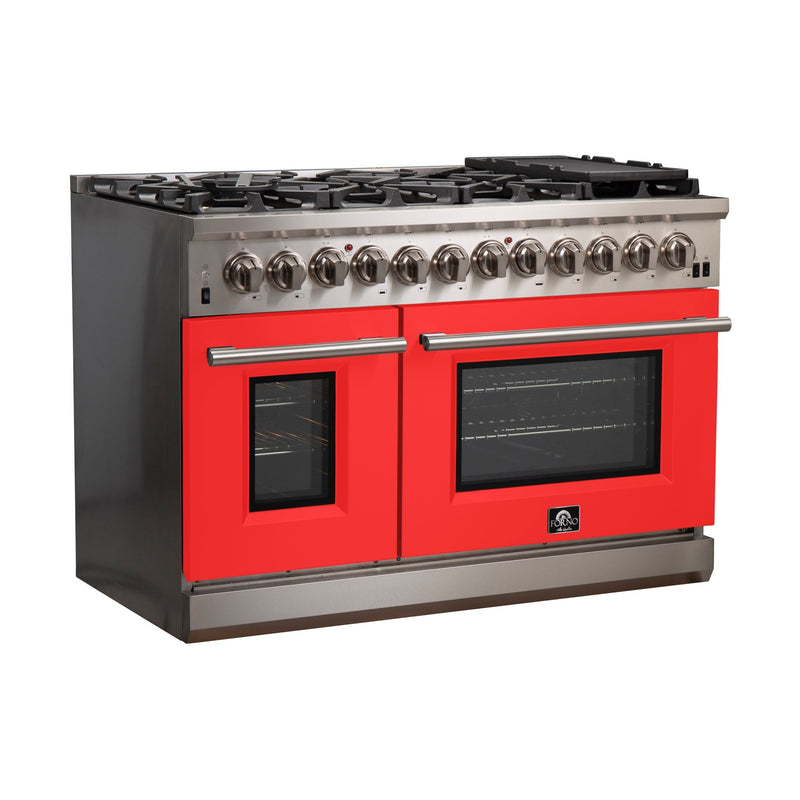 Forno 48-Inch Capriasca Dual Fuel Range with 8 Gas Burners and 240v Electric Oven in Stainless Steel with Red Door (FFSGS6187-48RED)