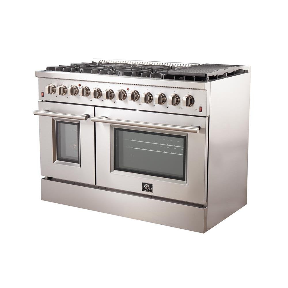 FORNO Maniago 48" Gold Freestanding Dual Fuel Range Gas Cooktop with 240v Electric Oven - 8 Burners, Griddle, and Double Oven -FFSGS6156-48