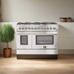 FORNO Maniago 48" Gold Freestanding Dual Fuel Range Gas Cooktop with 240v Electric Oven - 8 Burners, Griddle, and Double Oven -FFSGS6156-48