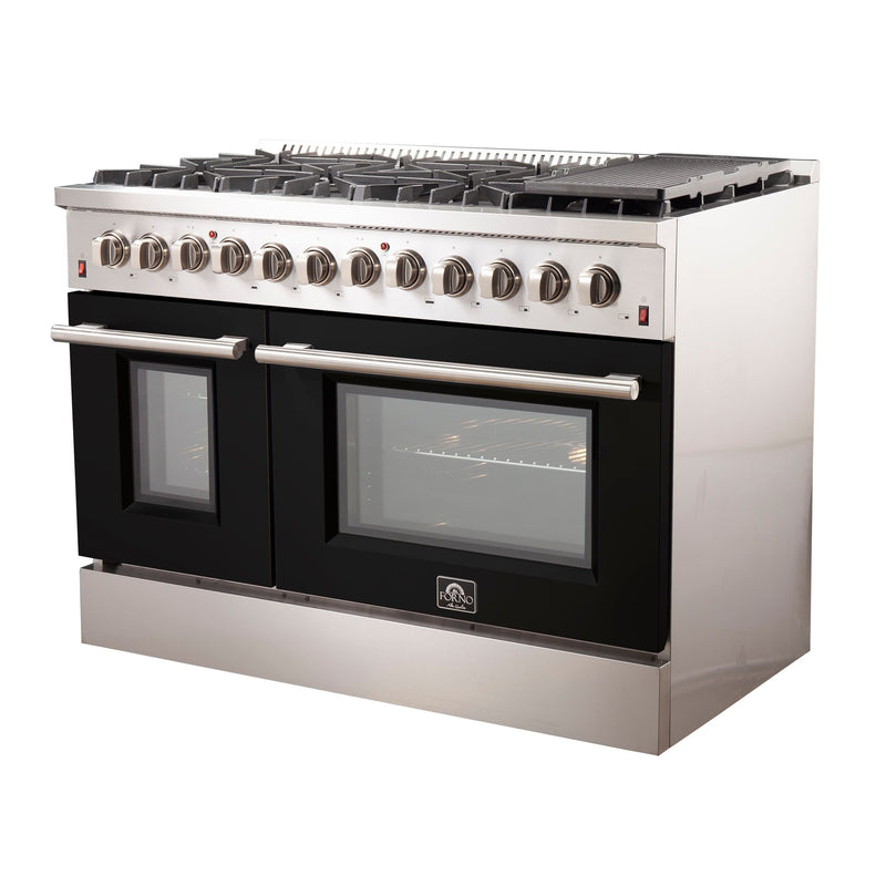 Forno 48-Inch Galiano Dual Fuel Range with 8 Gas Burners and 240v Electric Oven in Stainless Steel with Black Door (FFSGS6156-48BLK)