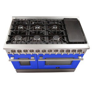 Forno 48-Inch Galiano Dual Fuel Range with 8 Gas Burners and 240v Electric Oven in Stainless Steel with Blue Door (FFSGS6156-48BLU)