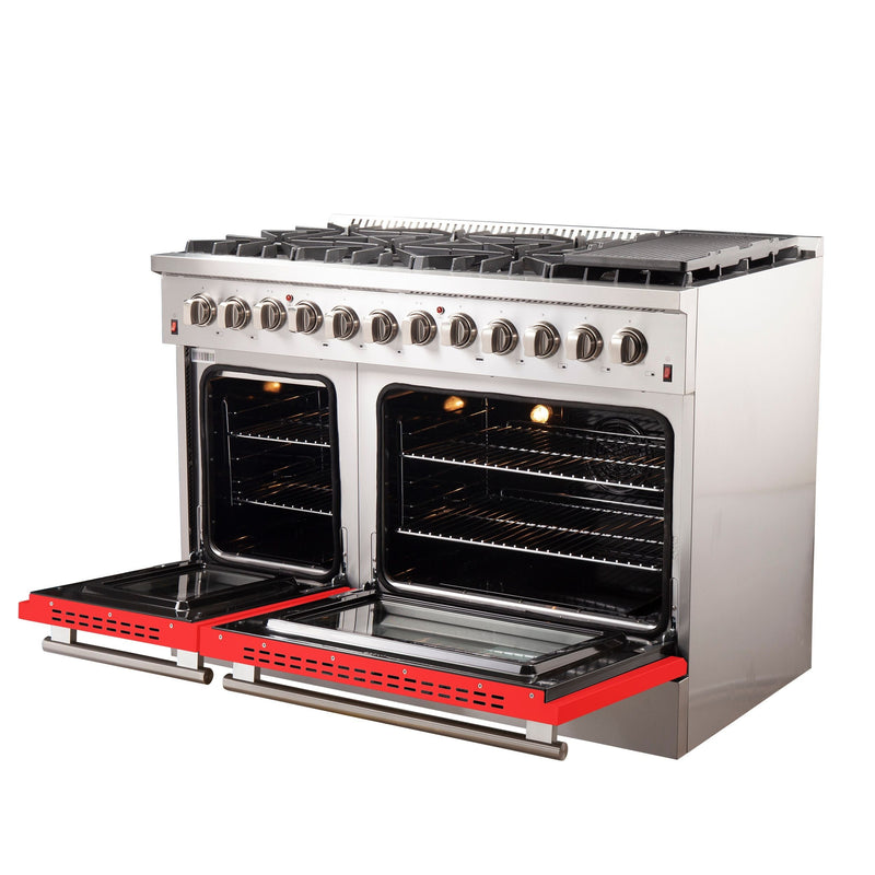Forno 48-Inch Galiano Dual Fuel Range with 8 Gas Burners and 240v Electric Oven in Stainless Steel with Door (FFSGS6156-48RED)