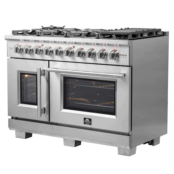 FORNO 48-Inch Capriasca Dual Fuel Range with 8 Gas Burners, 160,000 BTUs & French Door Electric Oven in Stainless Steel - FFSGS6387-48