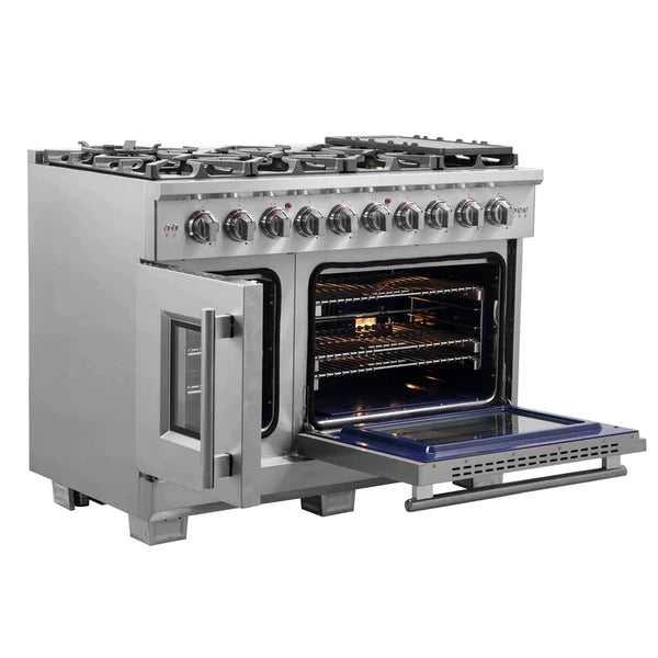FORNO 48-Inch Capriasca Dual Fuel Range with 8 Gas Burners, 160,000 BTUs & French Door Electric Oven in Stainless Steel - FFSGS6387-48