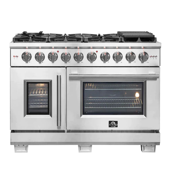 FORNO 48-Inch Capriasca Gas Range with 8 Burners, 160,000 BTUs, & French Door Gas Oven in Stainless Steel - FFSGS6460-48
