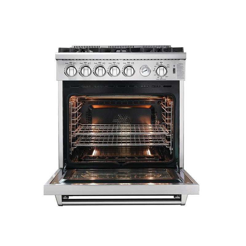 Forno 5-Piece Appliance Package - 30-Inch Gas Range, Refrigerator with Water Dispenser, Wall Mount Hood, Microwave Drawer, & 3-Rack Dishwasher in Stainless Steel