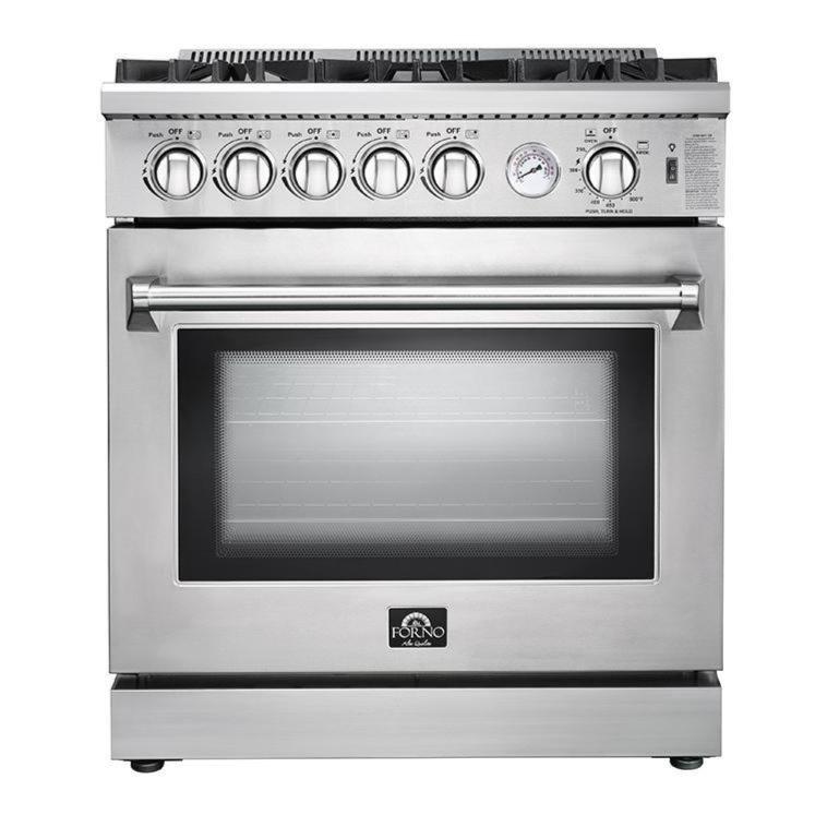 Forno 5-Piece Appliance Package - 30-Inch Gas Range, 56-Inch Pro-Style Refrigerator, Wall Mount Hood with Backsplash, Microwave Oven, & 3-Rack Dishwasher in Stainless Steel