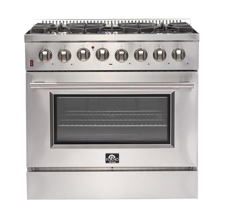 Forno 3-Piece Appliance Package - 36-Inch Dual Fuel Range, 36-Inch Refrigerator & Wall Mount Hood in Stainless Steel