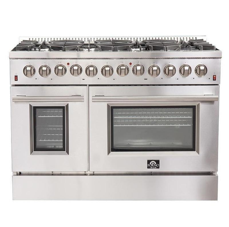 Forno 2-Piece Appliance Package - 48-Inch Dual Fuel Range & Wall Mount Hood with Backsplash in Stainless Steel