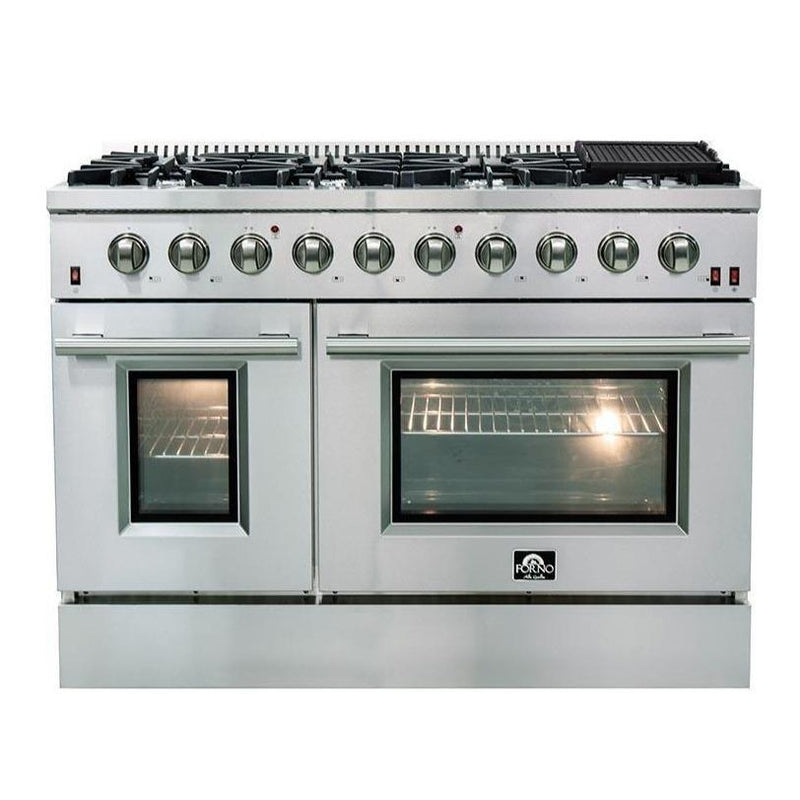Forno 3-Piece Appliance Package - 48-Inch Gas Range, Refrigerator with Water Dispenser, & Dishwasher in Stainless Steel