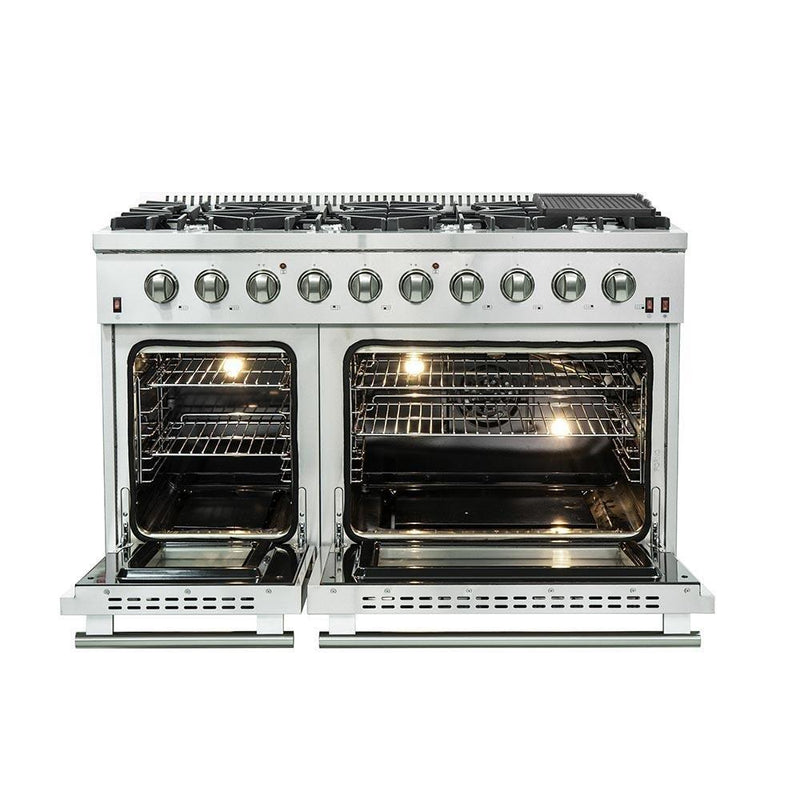 Forno 4-Piece Appliance Package - 48-Inch Gas Range, Refrigerator, Wall Mount Hood, & 3-Rack Dishwasher in Stainless Steel