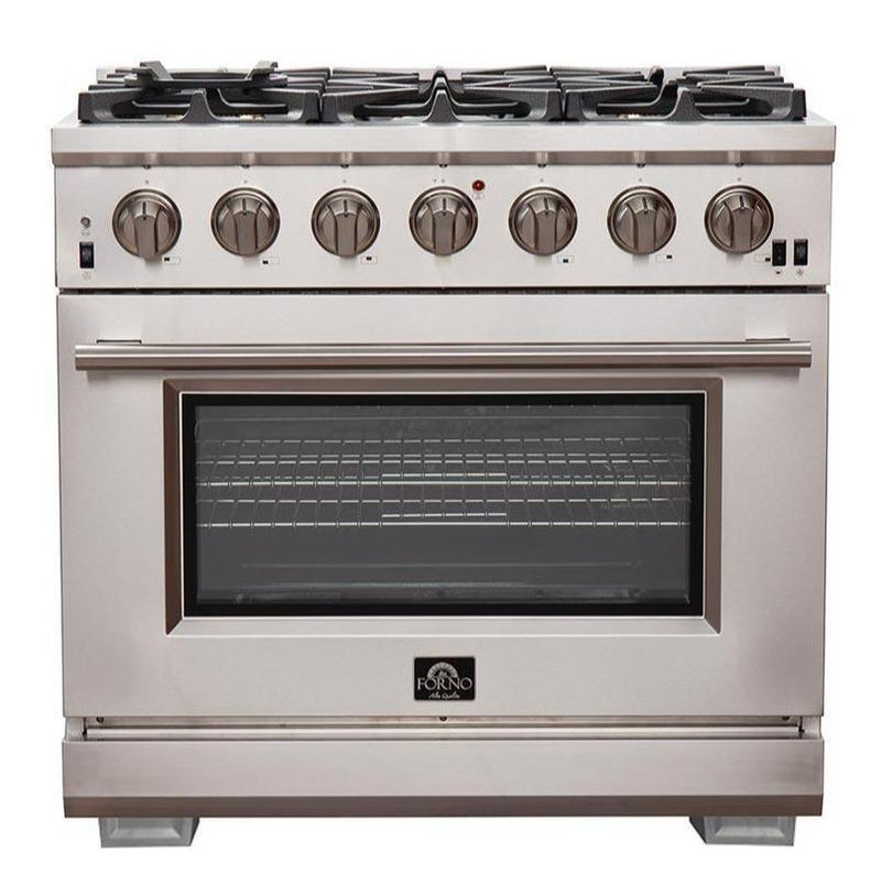 Forno 5-Piece Pro Appliance Package - 36-Inch Gas Range, Refrigerator, Wall Mount Hood with Backsplash, Microwave Drawer, & 3-Rack Dishwasher in Stainless Steel