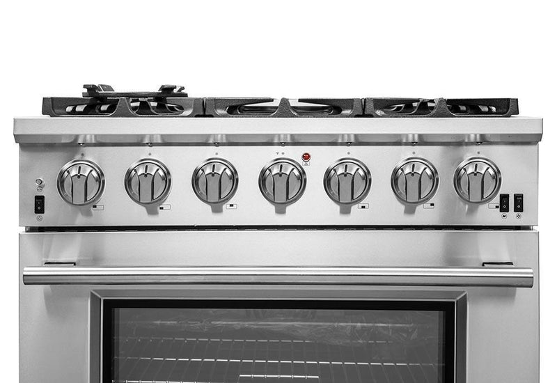 Forno 5-Piece Pro Appliance Package - 36-Inch Gas Range, Refrigerator with Water Dispenser, Wall Mount Hood with Backsplash, Microwave Oven, & 3-Rack Dishwasher in Stainless Steel