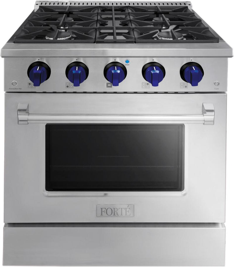 Forte 30-Inch Freestanding All Gas Range, 4 Sealed Italian Made Burners, 3.53 cu. ft. Oven, Easy Glide Oven Racks, in Stainless Steel and Blue Knobs (FGR304BSS31)