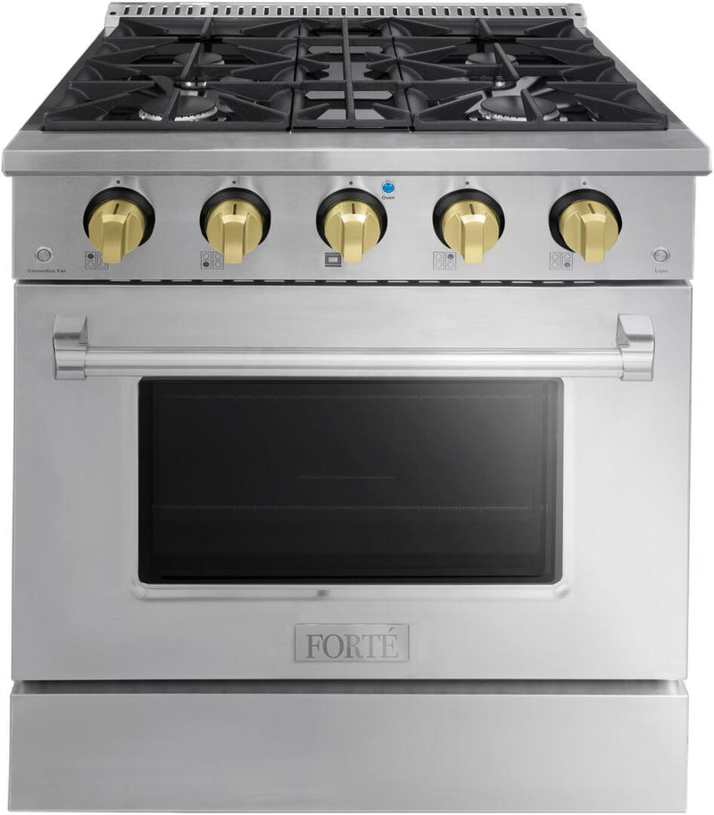 Forte 30-Inch Freestanding All Gas Range, 4 Sealed Italian Made Burners, 3.53 cu. ft. Oven, Easy Glide Oven Racks, in Stainless Steel and Brass Knobs (FGR304BSS41)