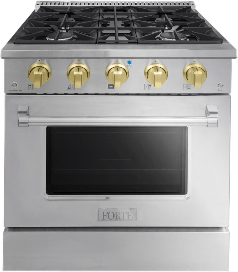 Forte 30-Inch Freestanding All Gas Range, 4 Sealed Italian Made Burners, 3.53 cu. ft. Oven, Easy Glide Oven Racks, in Stainless Steel and Brass Knobs (FGR304BSS41)