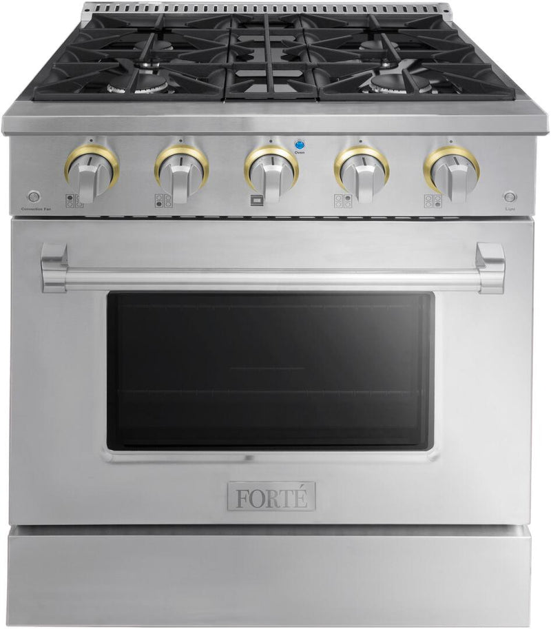 Forte 30-Inch Freestanding All Gas Range, 4 Sealed Italian Made Burners, 3.53 cu. ft. Oven, Easy Glide Oven Racks, in Stainless Steel and Stainless Steel Knobs (FGR304BSS)