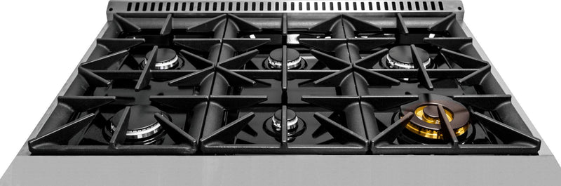 Forte 36-Inch Freestanding All Gas Range, 6 Sealed Italian Made Burners, 4.5 cu. ft. Oven, Easy Glide Oven Racks, in Stainless Steel and Black Knobs (FGR366BSS21)