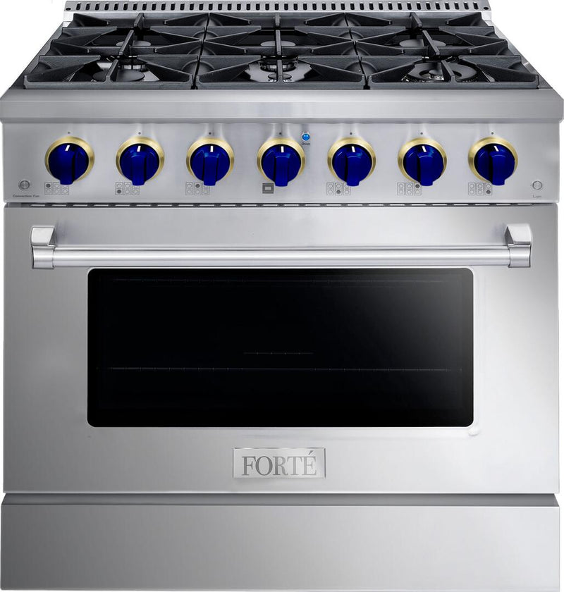 Forte 36-Inch Freestanding All Gas Range, 6 Sealed Italian Made Burners, 4.5 cu. ft. Oven, Easy Glide Oven Racks, in Stainless Steel and Blue Knobs (FGR366BSS31)