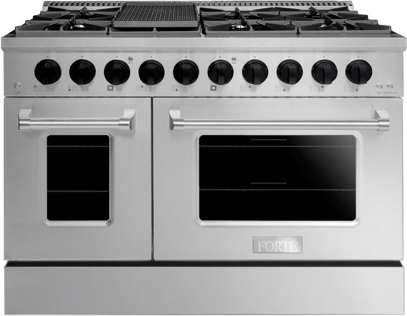 Forte 48-Inch Freestanding All Gas Range, 8 Sealed Burners, Oven & Griddle, in Stainless Steel with Black Finish and Black Knobs (FGR488BBB21)