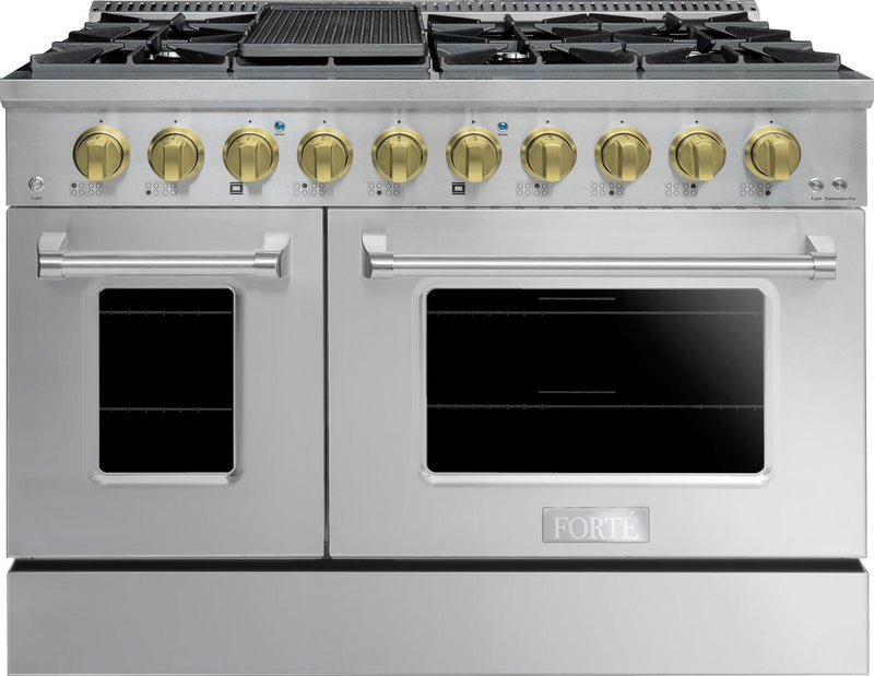 Forte 48-Inch Freestanding All Gas Range, 8 Sealed Burners, Oven & Griddle, in Stainless Steel with Brass Knobs (FGR488BSS41)