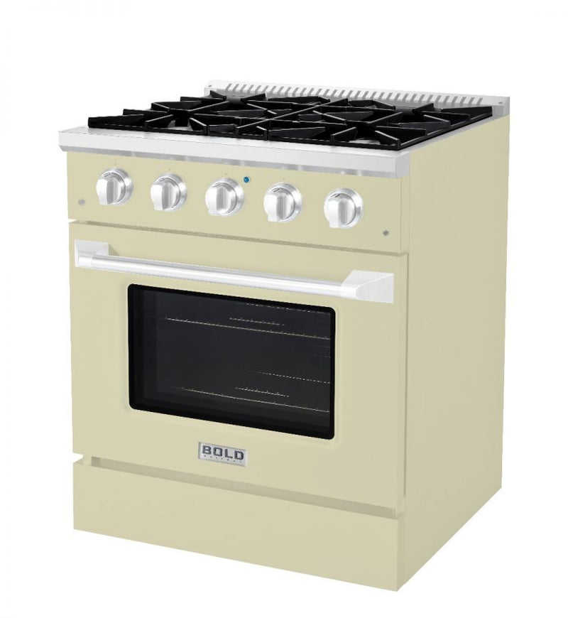 Hallman 30 In. Range with Gas Burners and Electric Oven, Antique White with Chrome Trim - Bold Series, HBRDF30CMAW