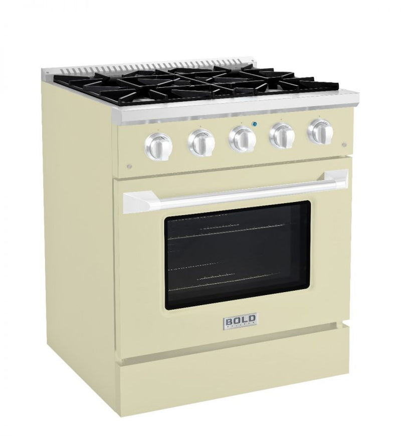 Hallman 30 In. Range with Gas Burners and Electric Oven, Antique White with Chrome Trim - Bold Series, HBRDF30CMAW