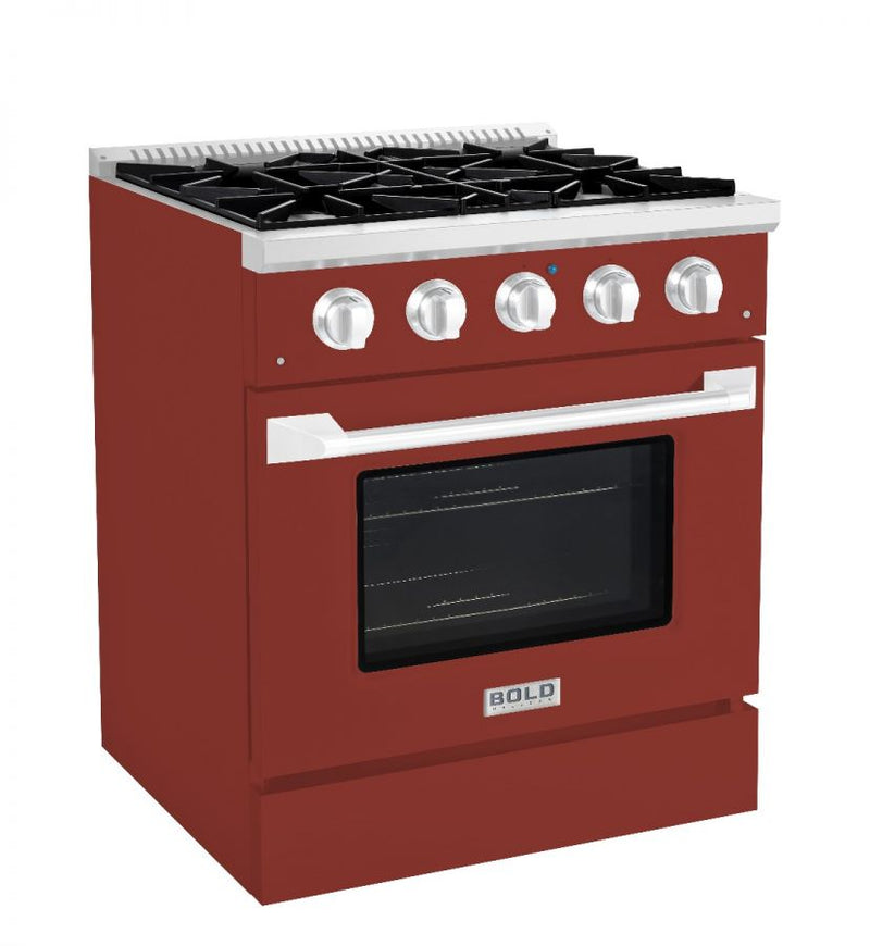 Hallman 30 In. Range with Propane Gas Burners and Electric Oven, Burgundy with Chrome Trim - Bold Series, HBRDF30CMBG-LP