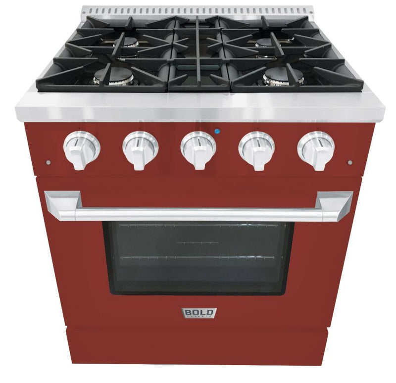 Hallman 30 In. Range with Gas Burners and Electric Oven, Burgundy with Chrome Trim - Bold Series, HBRDF30CMBG